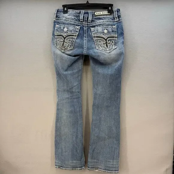 Rock Revival Jeans Womens 27 (4) Blue Anzelie Easy Boot Faux Pocket Flaps Blingy - Picture 2 of 16